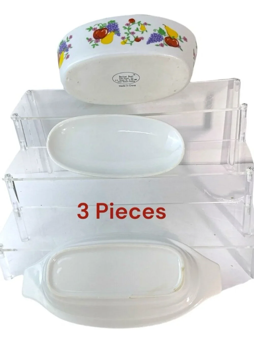 French Covered Butter Bell Dish White Multicolor Fruit 3 Piece Cook St Vintage